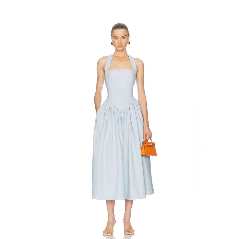 New Helsa Faille Halter elegant chic light blue Midi Dress